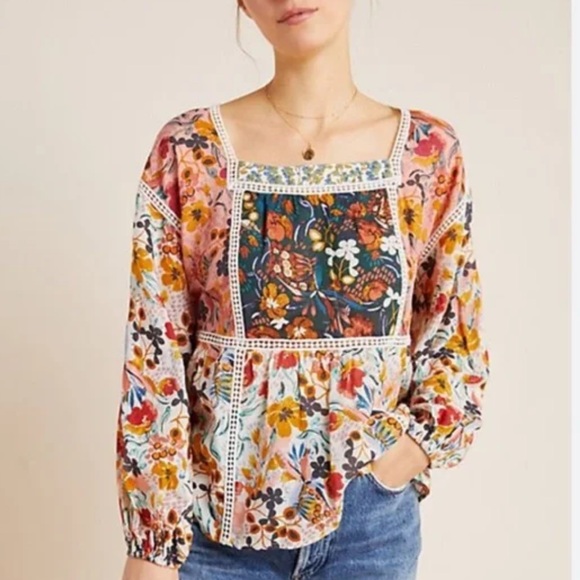 Maeve Anthropologie Nikki Peasant Blouse Square-Neck Women Small Bohemian Floral - Picture 1 of 9